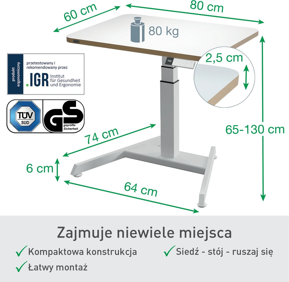 Kompaktiškas elektrinis LEITZ ERGO stalas 80x60, baltas