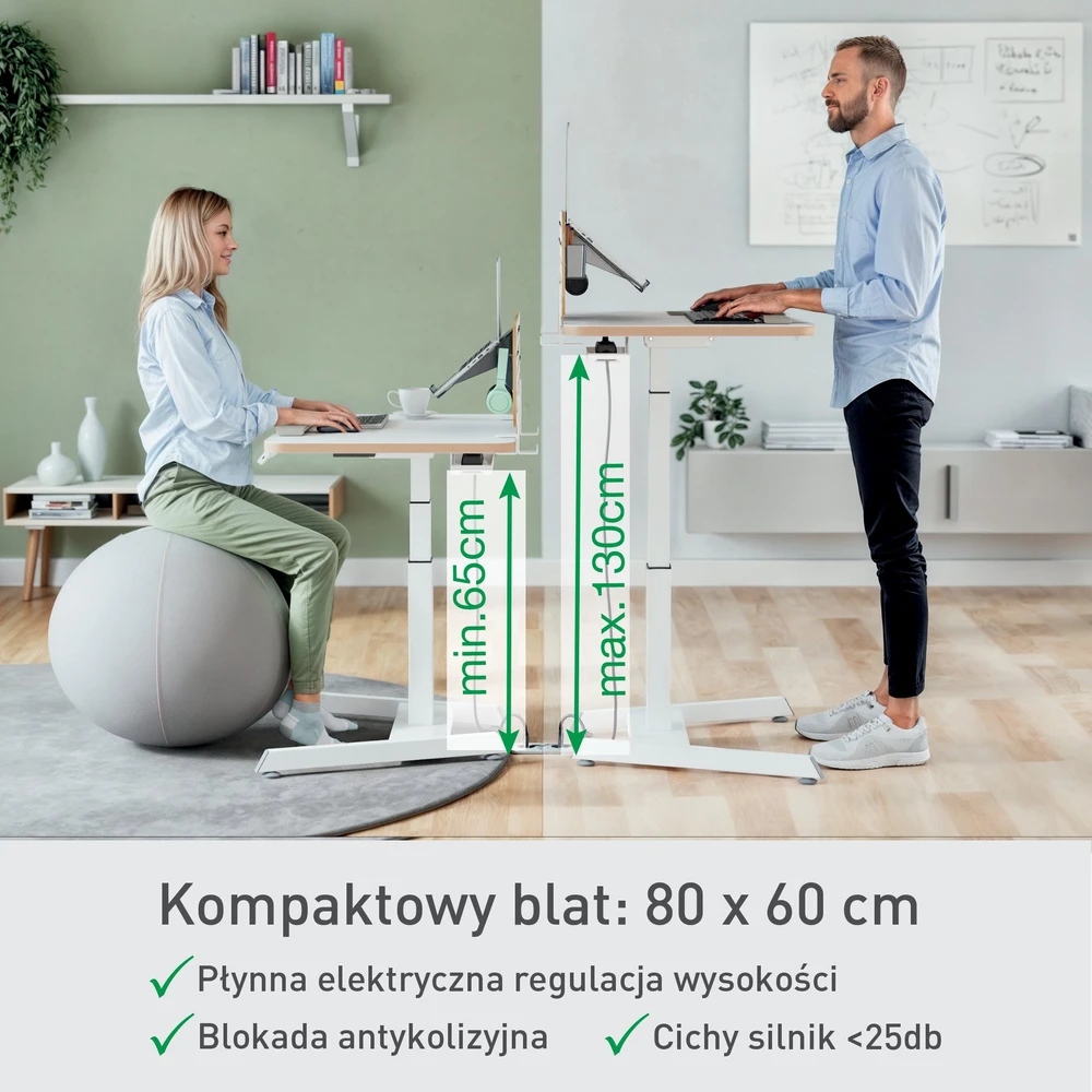 Kompaktiškas elektrinis LEITZ ERGO stalas 80x60, baltas