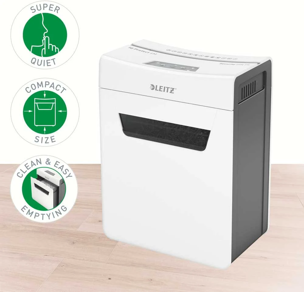 Leitz IQ Protect 4 P5 smulkintuvas su savybių ikonomis
