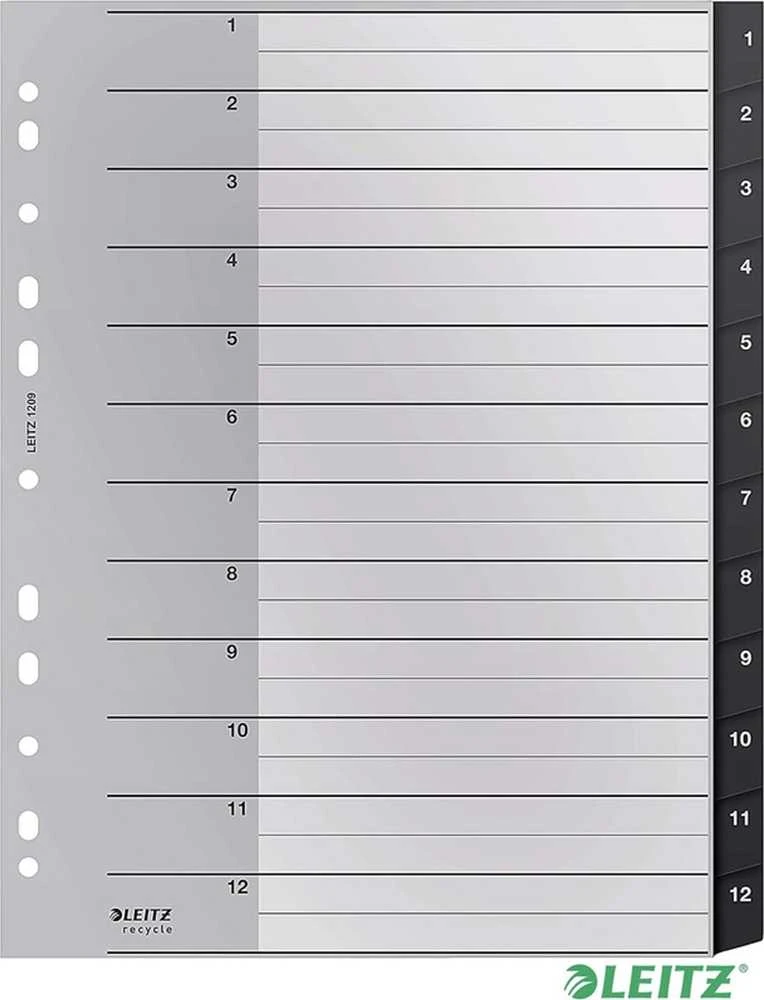 Skiriamieji lapai Leitz Recycle, 1-12, A4 MAXI, PP, juodos salvos