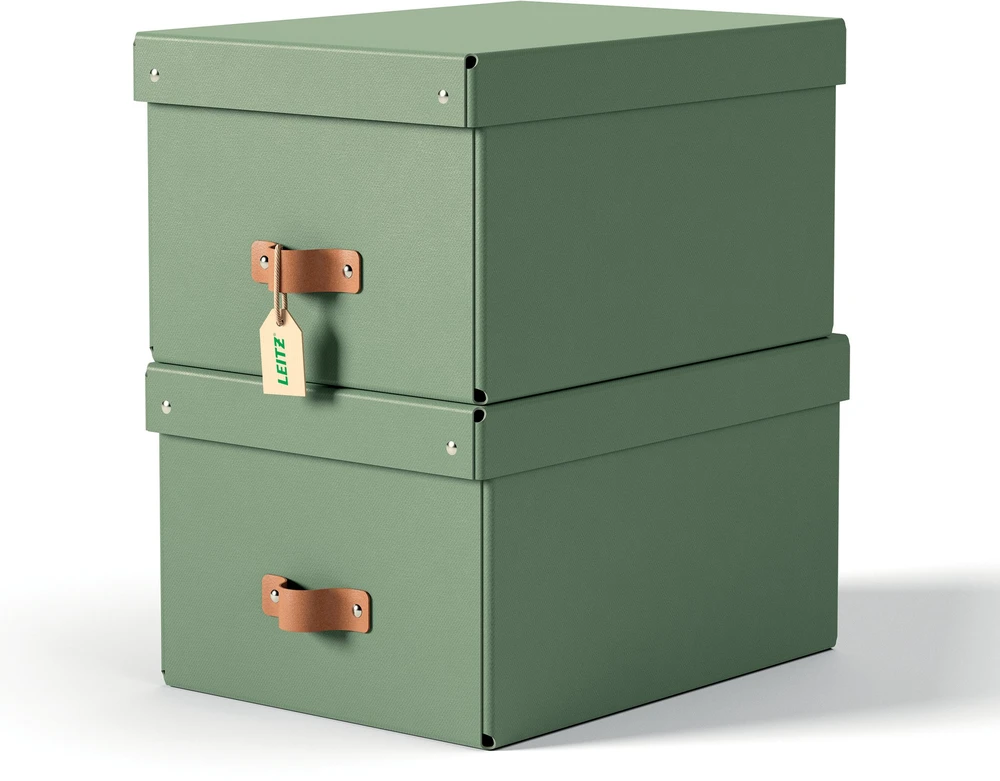 Leitz Puro laikymo dėžė su dangčiu, vidutinė, 17 l, 2 vnt. pakuotėje. Žalias kartonas, 17 l, 270 mm, 370 mm, 200 mm.