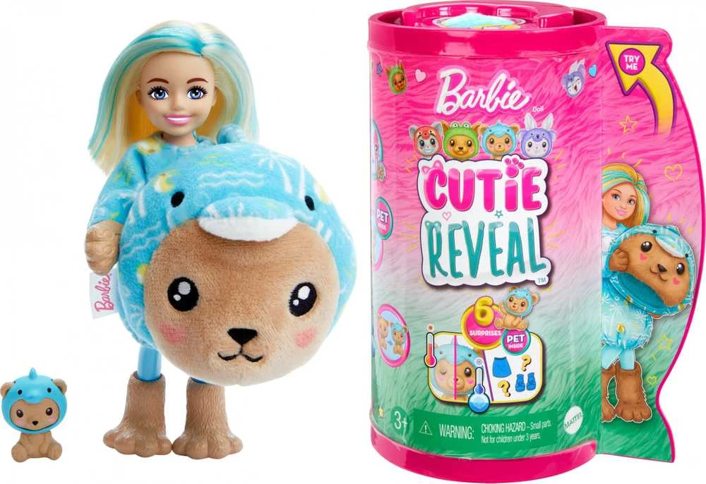 Mattel Čelsės „Cutie Reveal“ rinkinys, minkštutėlių kostiumų serija - meškutis + delfinas