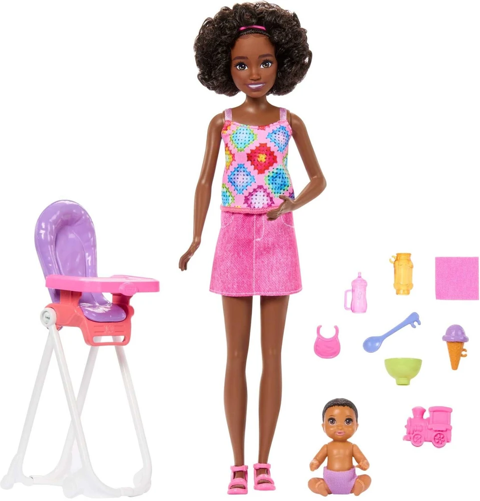 Mattel Barbie Babysitter Skipper lėlės rinkinys su kūdikiu ir maitinimo kėdute