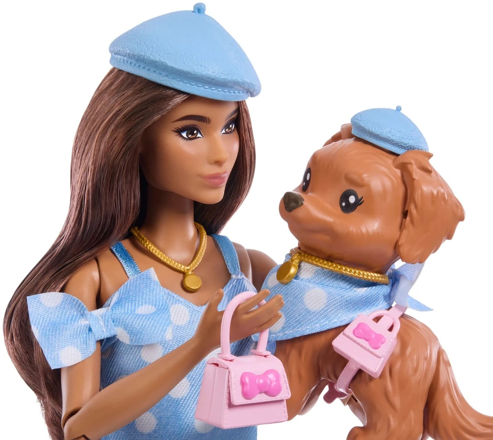 Mattel BARBIE TWINNING LOOKS tamsiaplaukės lėlės ir šunelio rinkinys (JFP38)