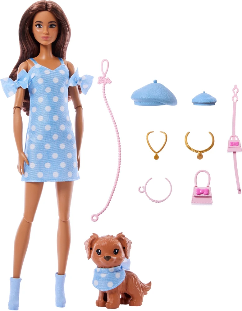 Mattel BARBIE TWINNING LOOKS tamsiaplaukės lėlės ir šunelio rinkinys (JFP38)