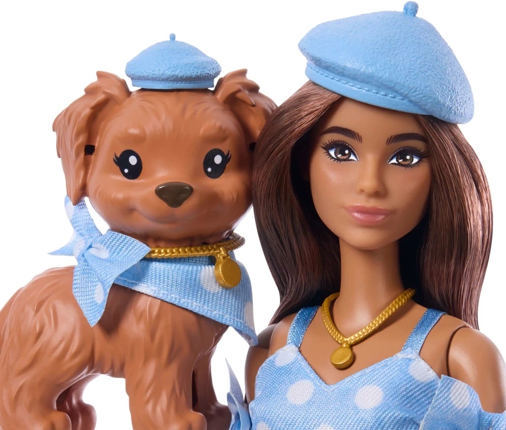 Mattel BARBIE TWINNING LOOKS tamsiaplaukės lėlės ir šunelio rinkinys (JFP38)