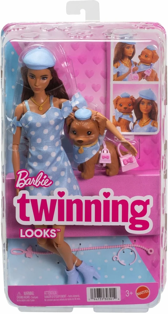 Mattel BARBIE TWINNING LOOKS tamsiaplaukės lėlės ir šunelio rinkinys (JFP38)