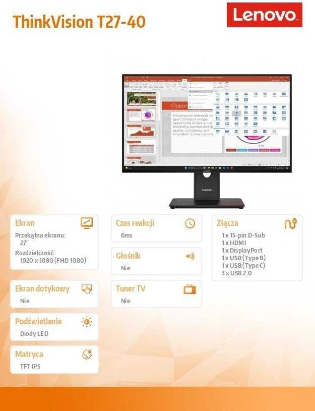 Monitorius Lenovo ThinkVision T27-40 LED ekranas 68.6 cm (27") 1920 x 1080 pikselių Full HD Juodas