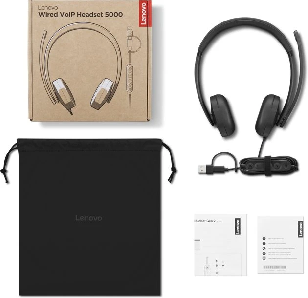 Lenovo su laidu VoIP Ausinės 5000 (Teams) | Su mikrofonu | USB Type-A, USB Type-C | Juodas