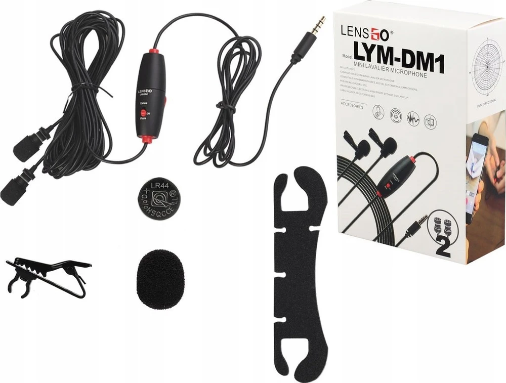 „LensGo“ dvigubas mikrofonas, 2 dinaminiai prisegami mikrofonai, 3,5 mm mini lizdas / „Lym-dm1“ dvigubas