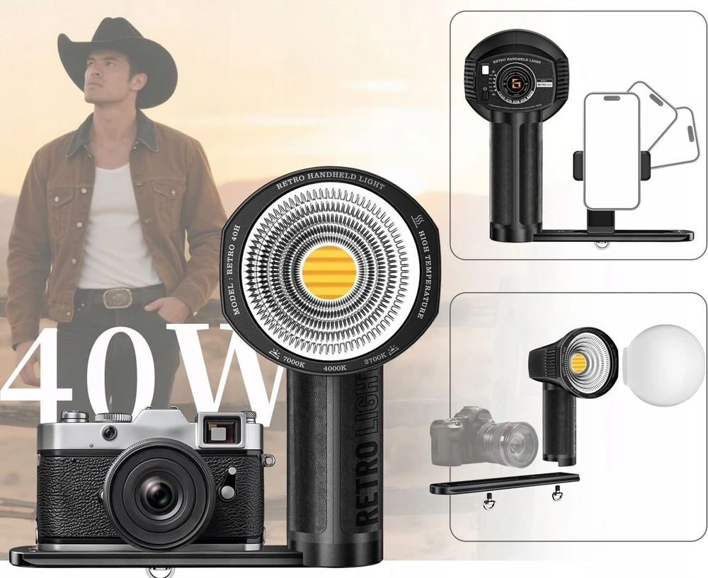 Studijinė lempa LensGo Rankinė LED lempa 40W COB Retro Foto Video 2700-7000K Telefonui Fotoaparatui / 40h