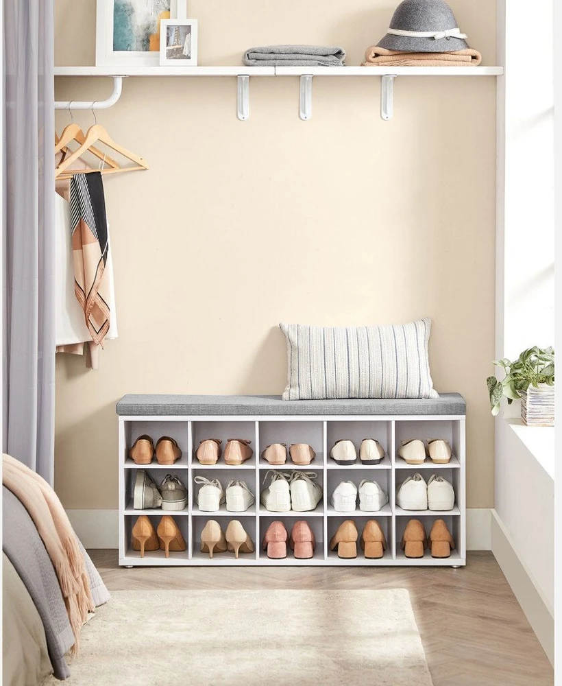 Leobert Batų suoliukas su minkšta sėdyne ir 15 skyrių, baltas/pilkas, 105 × 30 × 48 cm
