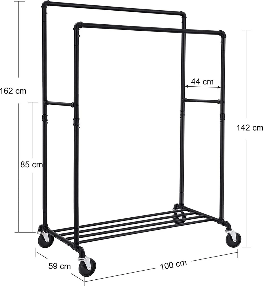 SONGMICS metalinis drabužių stovas ant ratukų, pramoninio dizaino, dvigubas, 110 kg, juodas HSR60B