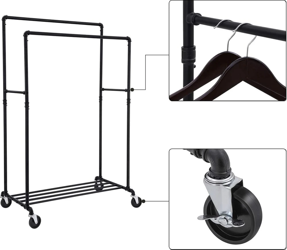 SONGMICS metalinis drabužių stovas ant ratukų, pramoninio dizaino, dvigubas, 110 kg, juodas HSR60B
