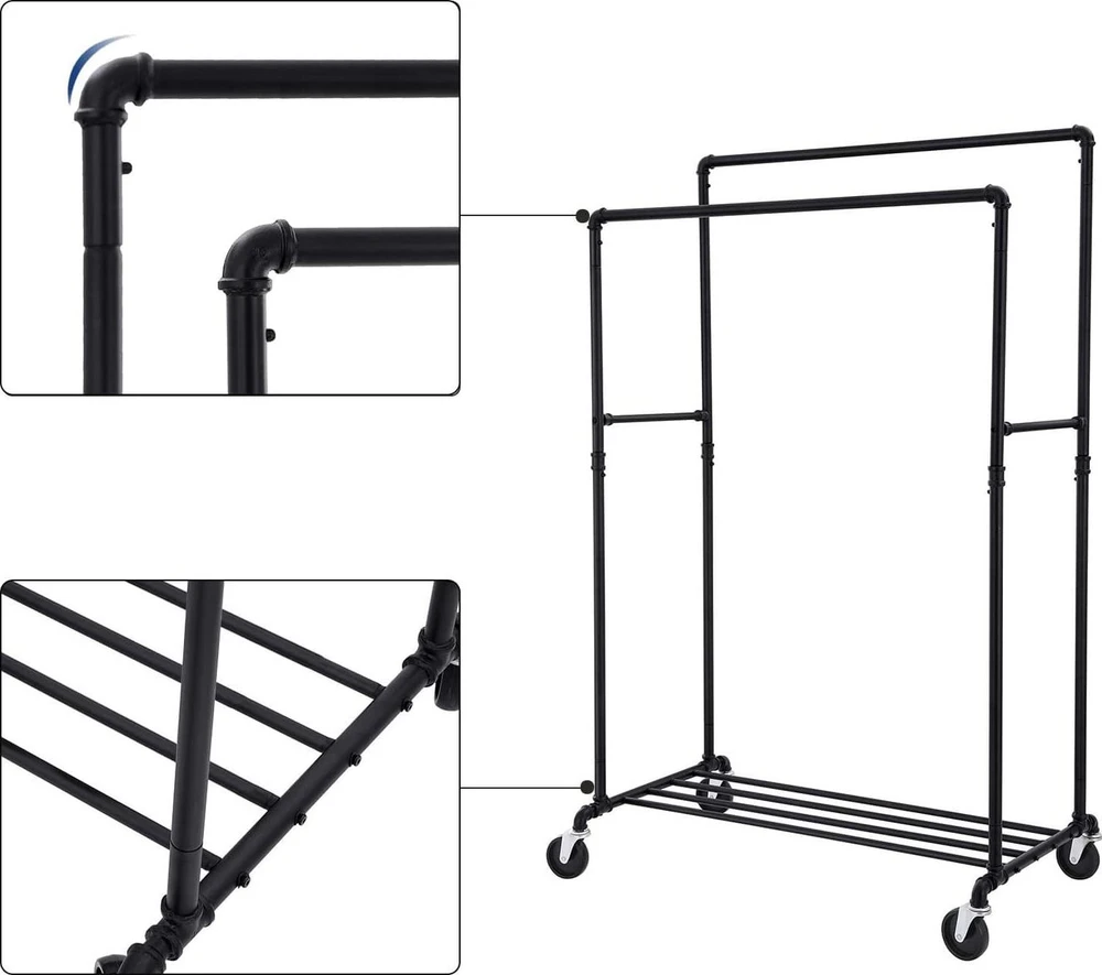 SONGMICS metalinis drabužių stovas ant ratukų, pramoninio dizaino, dvigubas, 110 kg, juodas HSR60B
