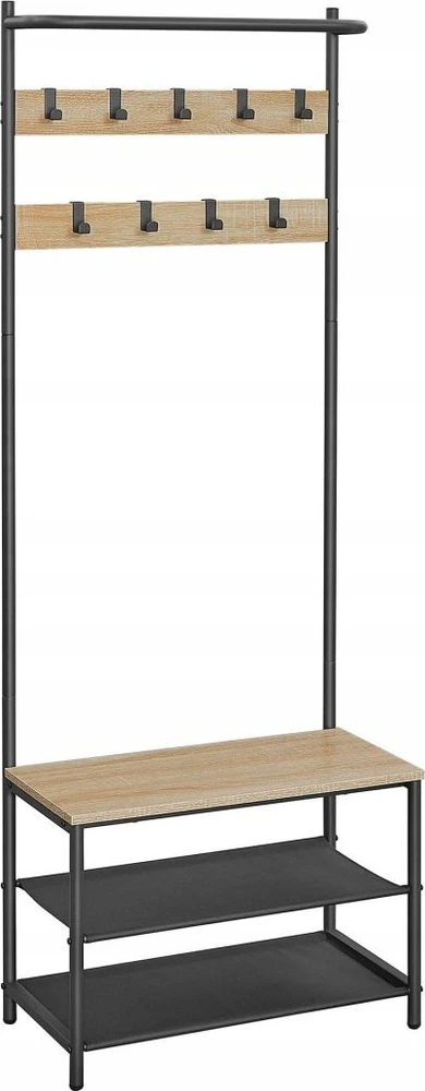 Leobert Pastatoma drabužių kabykla su sėdyne ir 2 batų lentynomis, juoda, 64 × 32,2 × 180 cm