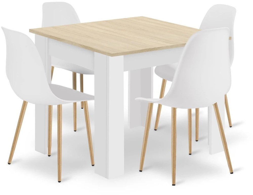 Lauko baldų komplektas Leobert Baldų komplektas su kvadratiniu stalu ir 4 kėdėmis, ąžuolo sonomos/baltos spalvos, stalas 80 × 80 × 75 cm