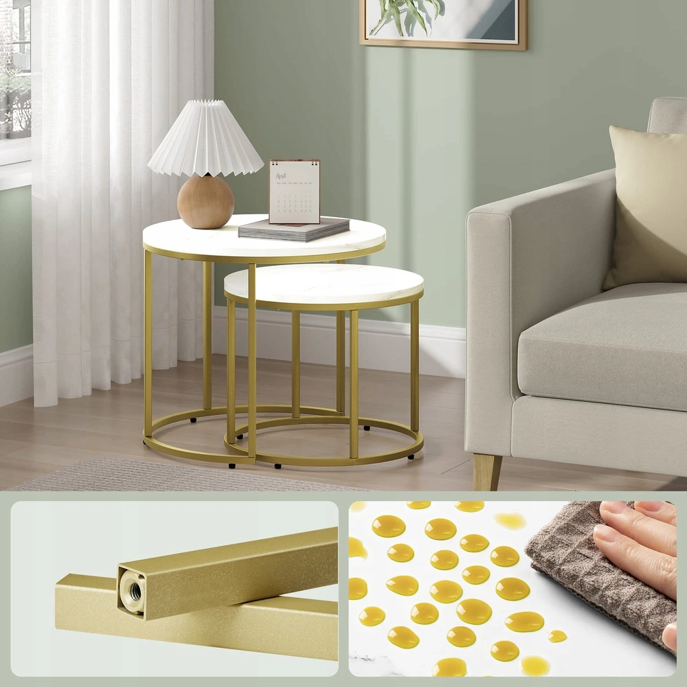 Leobert Kavos staliukai, apvalūs, marmuro rašto ir aukso spalvos, 53 × 45 cm ir 43 × 35 cm, 2 vnt.
