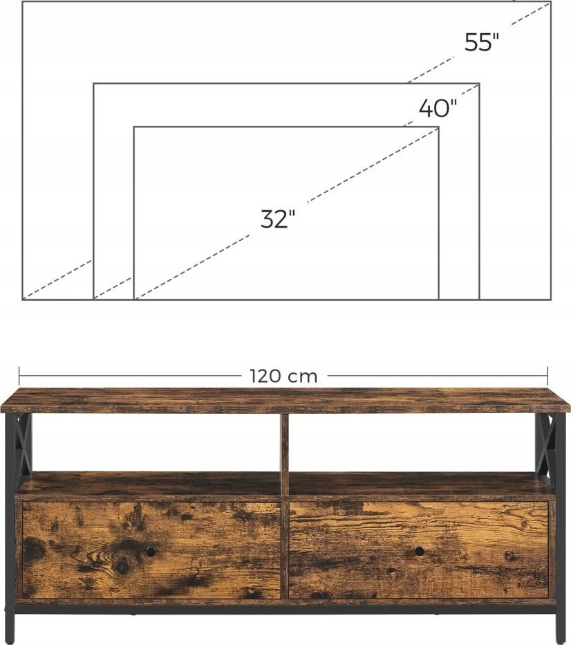TV staliukas Leobert Atvira lentyna televizoriui su stalčiais, rudos ir juodos spalvos, 120 × 40 × 50 cm