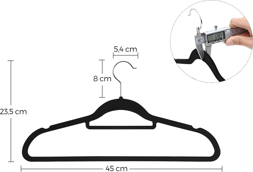SONGMICS aksamitiniai pakabos drabužiams, komplektas 20 vnt., 0,6 cm plonumo, su 360° pasukamu kabliuku, juodi CRF20B
