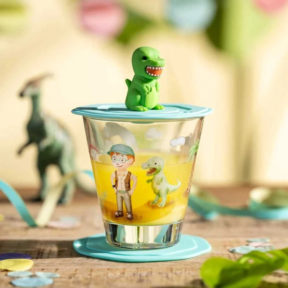 Leonardo Glass su dangteliu ir lėkšte 215 ml dinozauras BAMBINI AVVENTURA -