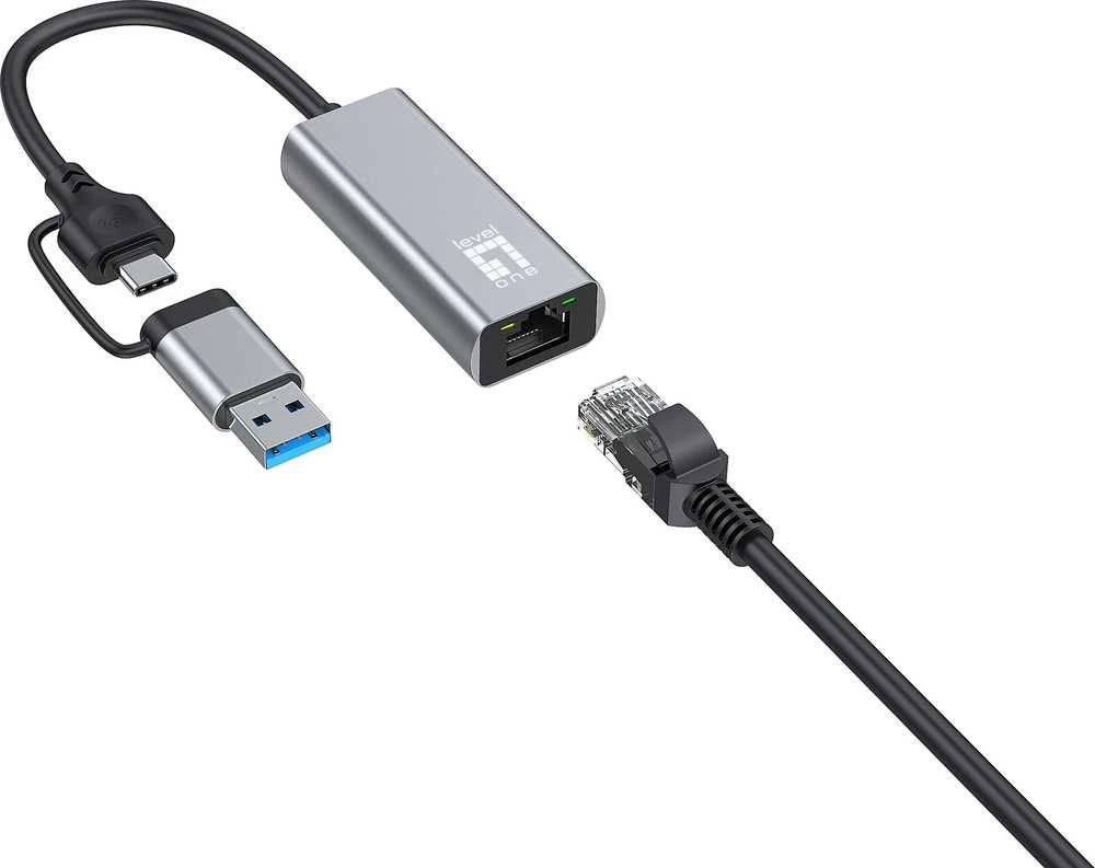 Level One Adapteris USB LevelOne RJ-45 - USB-C + USB-A Sidabrinė (USB-0423)