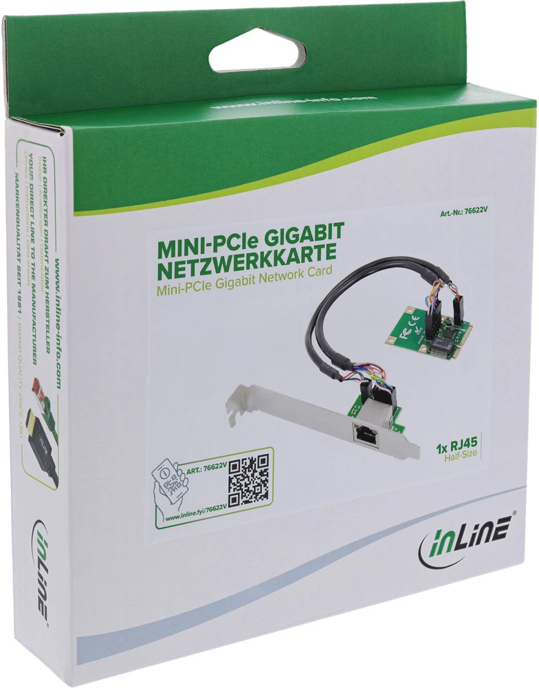 „Level One Games InLine® Mini-PCIe Gigabit“ tinklo plokštė, 1x RJ45, pusės dydžio, įskaitant RJ45 modulį