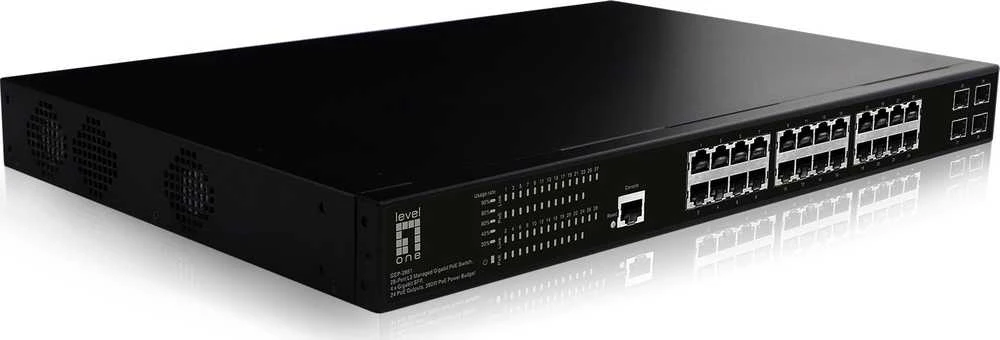 Šakotuvas Level One Carruzzo LevelOne GEP-2861 tinklo komutatorius Valdomas L2 Gigabit Ethernet (10/100/1000) Maitinimas per Eternetą (PoE) 1U Juoda