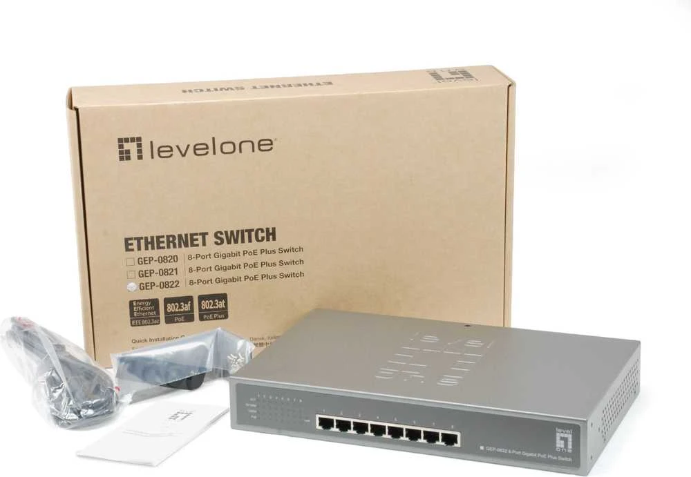 Šakotuvas Level One Carruzzo LevelOne GEP-0822 tinklo komutatorius Gigabit Ethernet (10/100/1000) Maitinimas per Ethernetą (PoE) Pilka