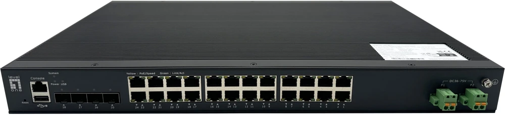 Šakotuvas Level One Switch LevelOne IXP-2871 Industrialny Zarządzany L2 24xGE PoE 370W Juodas