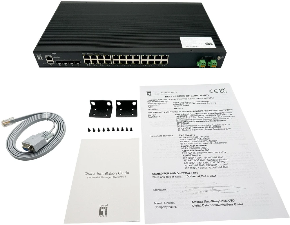 Šakotuvas Level One Switch LevelOne IXP-2871 Industrialny Zarządzany L2 24xGE PoE 370W Juodas
