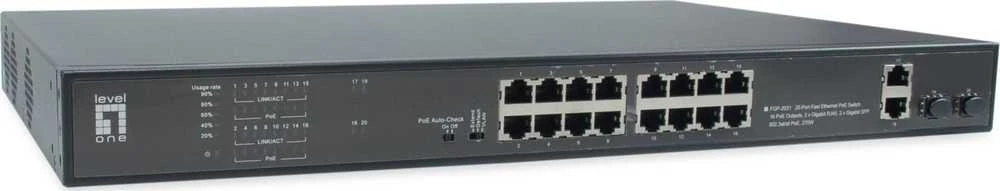 Šakotuvas Level One Carruzzo LevelOne FGP-2031 tinklo komutatorius Ne-valdomas Fast Ethernet (10/100) Maitinimas per Eternetą (PoE) 1U Juoda
