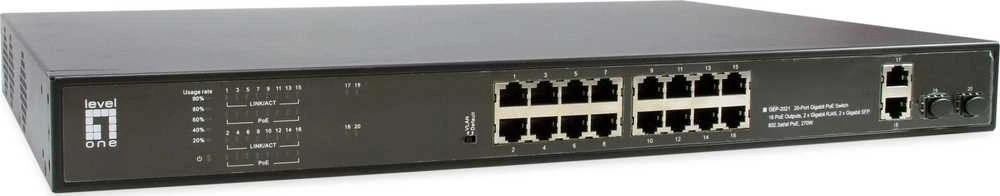 Šakotuvas Level One Carruzzo LevelOne GEP-2021 tinklo komutatorius Ne-valdomas Gigabit Ethernet (10/100/1000) Maitinimas per Eternetą (PoE) 1U Juoda
