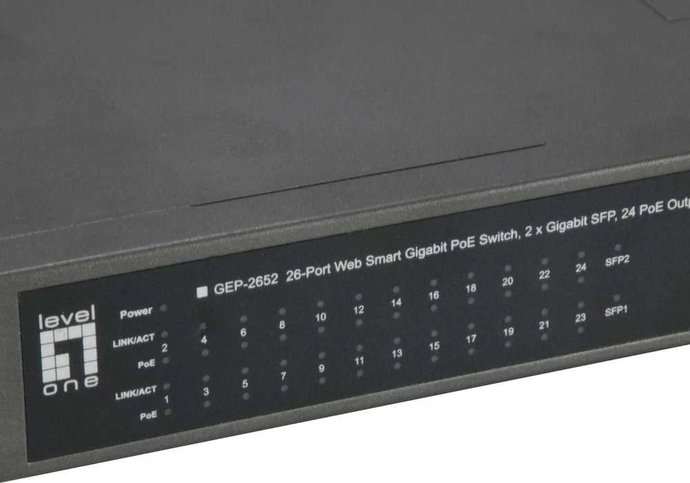 Šakotuvas Level One Carruzzo LevelOne GEP-2652 tinklo komutatorius Valdomas L2 Gigabit Ethernet (10/100/1000) Maitinimas per Eternetą (PoE) Pilka