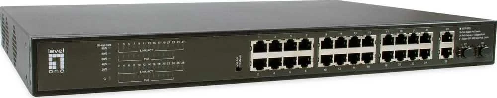 Šakotuvas Level One Carruzzo LevelOne GEP-2821 tinklo komutatorius Ne-valdomas Gigabit Ethernet (10/100/1000) Maitinimas per Eternetą (PoE) 1U Juoda