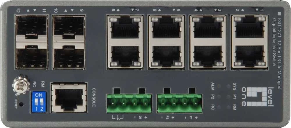 Šakotuvas Level One „LevelOne TURING“ 12 prievadų L3 Lite valdomas gigabito pramoninis komutatorius, 4 x SFP, DIN bėgelis, -40°C iki 75°C, valdomas, L3, gigabito Ethernet (10/100/1000)