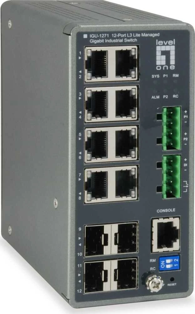 Šakotuvas Level One „LevelOne TURING“ 12 prievadų L3 Lite valdomas gigabito pramoninis komutatorius, 4 x SFP, DIN bėgelis, -40°C iki 75°C, valdomas, L3, gigabito Ethernet (10/100/1000)