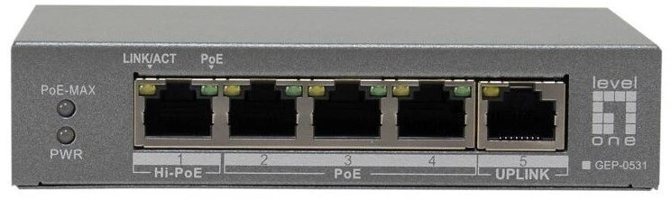 Šakotuvas Level One Carruzzo LevelOne GEP-0531 tinklo komutatorius Ne-valdomas L2 Gigabit Ethernet (10/100/1000) Maitinimas per Eternetą (PoE) Stalinis / tvirtinamas prie sienos Pilka