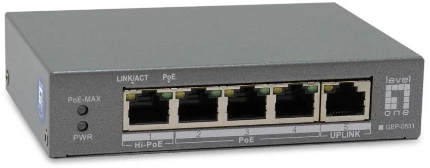 Šakotuvas Level One Carruzzo LevelOne GEP-0531 tinklo komutatorius Ne-valdomas L2 Gigabit Ethernet (10/100/1000) Maitinimas per Eternetą (PoE) Stalinis / tvirtinamas prie sienos Pilka