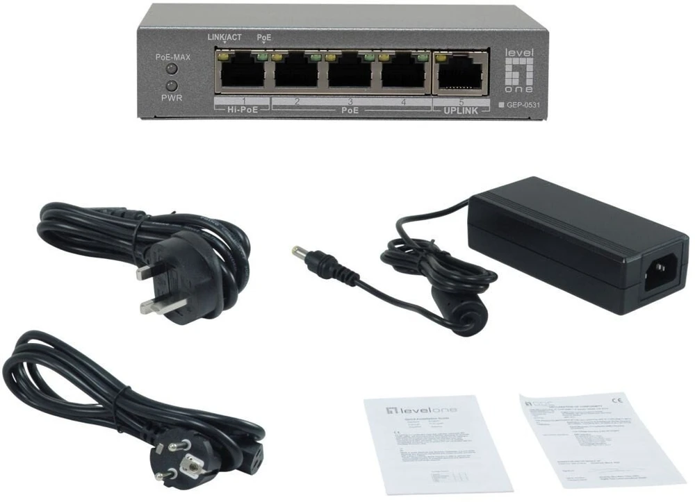 Šakotuvas Level One Carruzzo LevelOne GEP-0531 tinklo komutatorius Ne-valdomas L2 Gigabit Ethernet (10/100/1000) Maitinimas per Eternetą (PoE) Stalinis / tvirtinamas prie sienos Pilka
