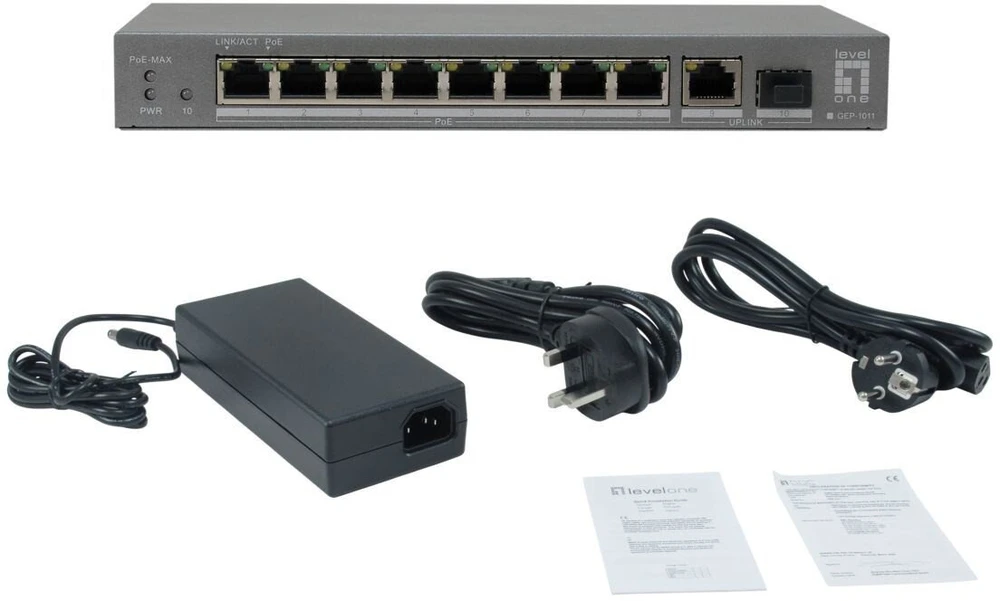 Šakotuvas Level One Carruzzo LevelOne GEP-1011 tinklo komutatorius Ne-valdomas L2 Gigabit Ethernet (10/100/1000) Maitinimas per Eternetą (PoE) Stalinis / tvirtinamas prie sienos Pilka