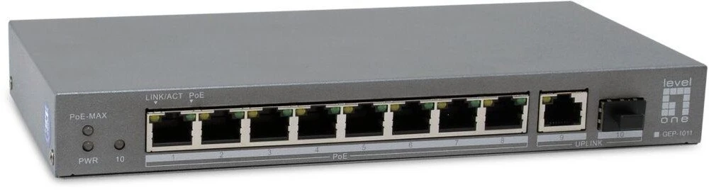 Šakotuvas Level One Carruzzo LevelOne GEP-1011 tinklo komutatorius Ne-valdomas L2 Gigabit Ethernet (10/100/1000) Maitinimas per Eternetą (PoE) Stalinis / tvirtinamas prie sienos Pilka