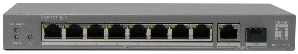 Šakotuvas Level One Carruzzo LevelOne GEP-1011 tinklo komutatorius Ne-valdomas L2 Gigabit Ethernet (10/100/1000) Maitinimas per Eternetą (PoE) Stalinis / tvirtinamas prie sienos Pilka