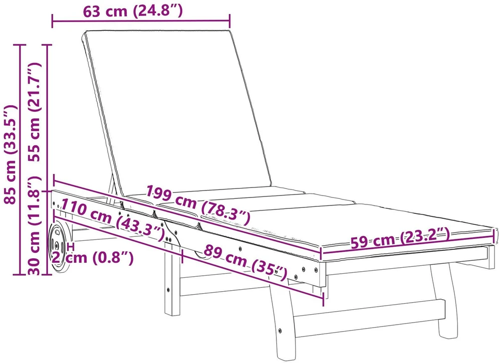 Saulės gultas Ruda 199 x 63 x 85 cm Kietos akacijos mediena