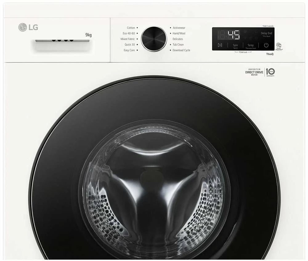 LG | Skalbimo mašina | F4X1009NWB | Energy efficiency class A | Front loading | Skalbimo talpa 9kg | 1400 RPM | Gylis 55 cm | Plotis 60 cm | Ekranas | LED | Steam function | Direct drive | Wi-Fi | Baltas