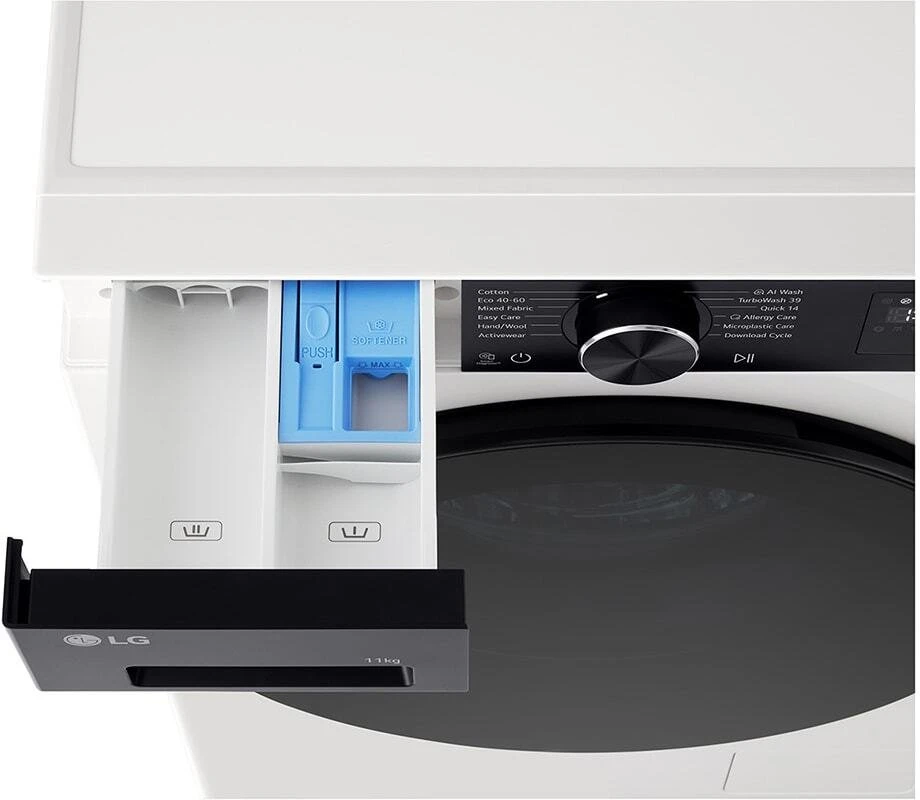 LG | Skalbimo mašina | F4X5011THB | Energy efficiency class A | Front loading | Skalbimo talpa 11 kg | 1400 RPM | Gylis 57 cm | Plotis 60 cm | Ekranas | LED | Steam function | Direct drive | Wi-Fi | Baltas