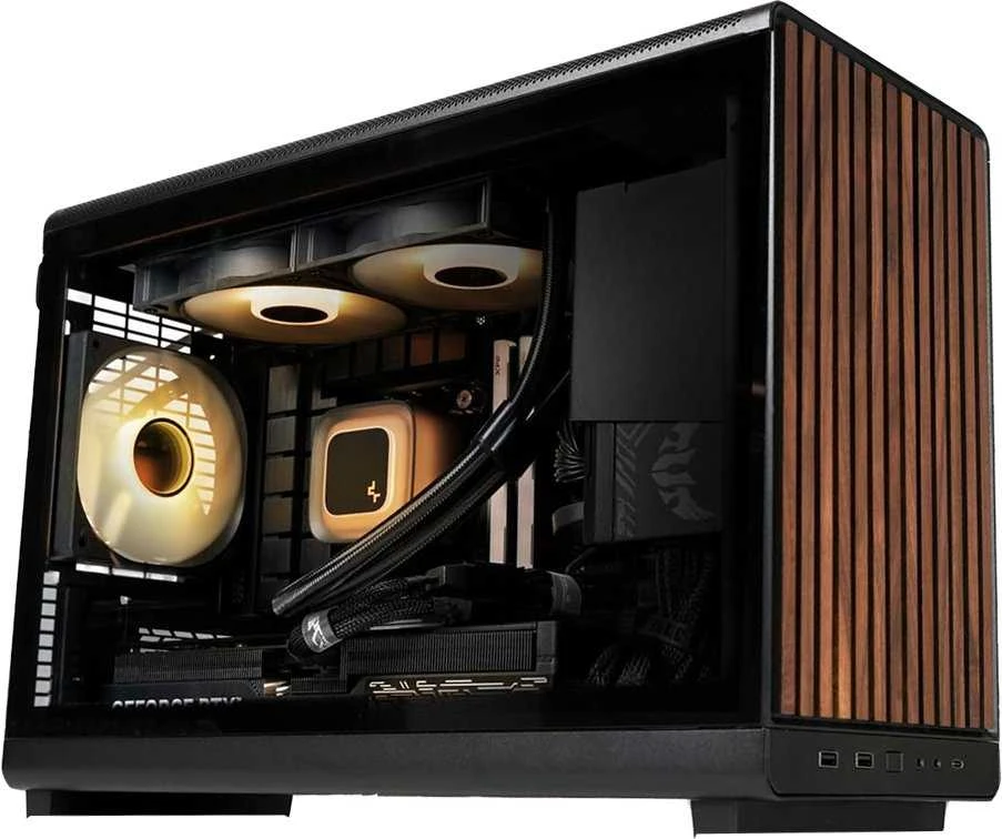 Lian Li DAN kompiuterio korpusass A3-mATX Wood Edition PC-kompiuterio korpusas, Tempered Glass, Micro-ATX – Walnuss, juodos spalvos