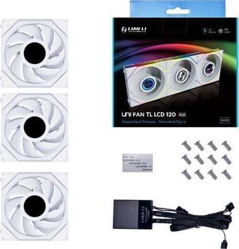 Lian Li UNI FAN TL LCD serijos ventiliatorius, 3 vnt. pakuotėje su valdikliu – 120 mm, baltas