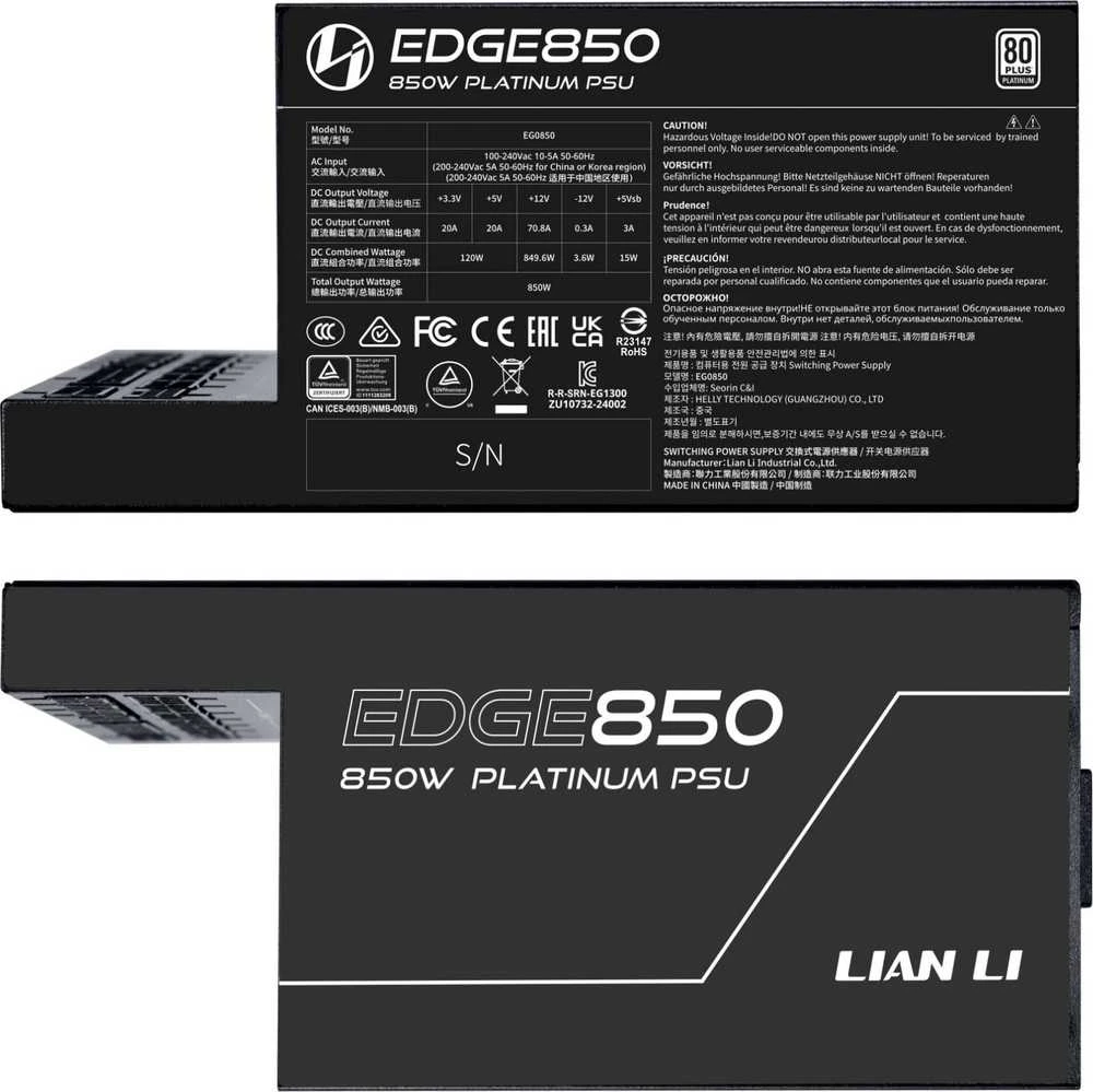 Lian Li EDGE EG0850 80 PLUS Platinum maitinimo šaltinis, PCIe 5.1, ATX 3.1 × 850, Juodas