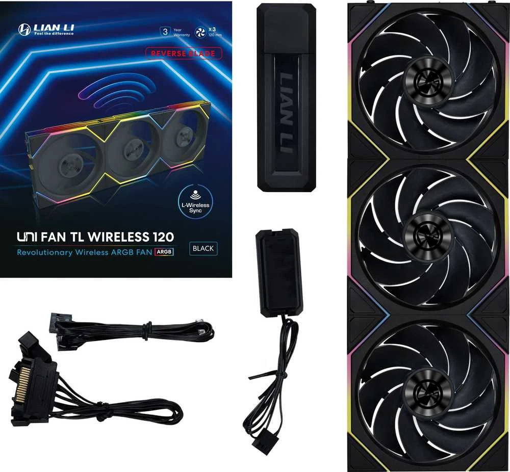 Lian Li UNI FAN TL Wireless 120 ventiliatorių komplekto komponentai